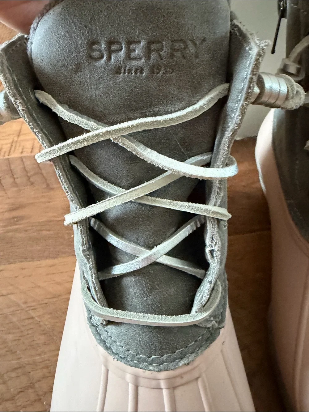Sperry Waterproof Duck Boots in Light Pink and Gray-Green *ladies